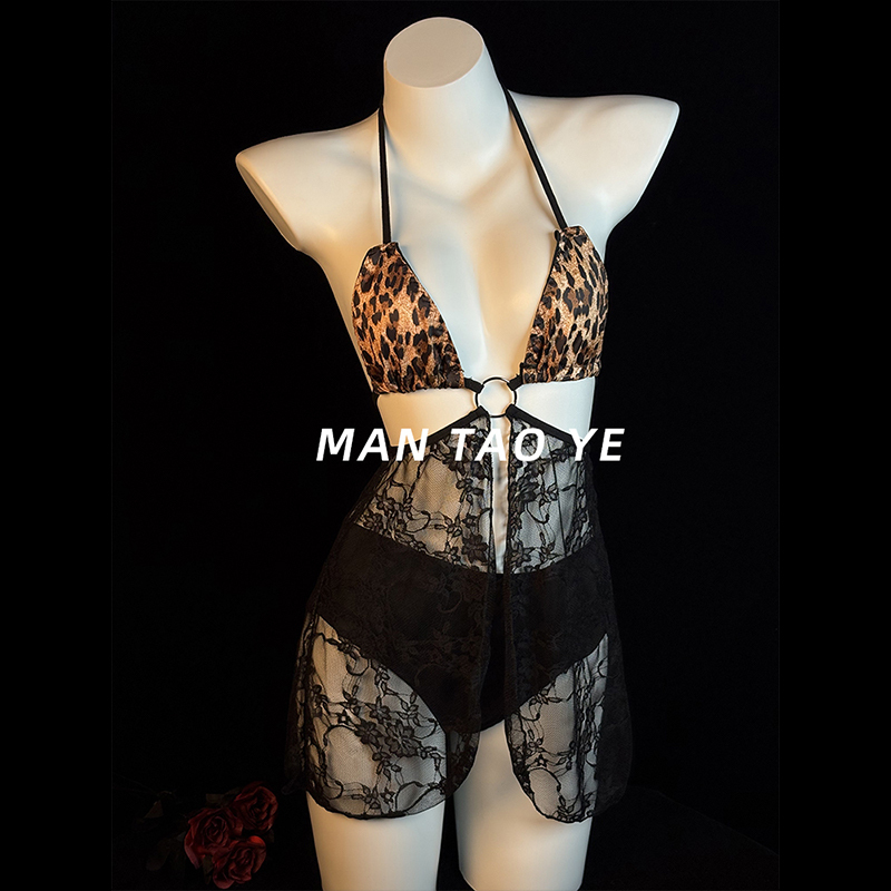Mantaano """"Design Party Night"" Leopard Print Halter Black Lace Fashion Niche Sexy Waistless Underwear Set