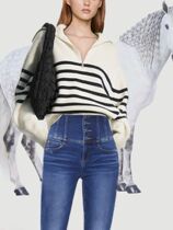 Womens Striped Sweater Zip Thick Fall Loose Turtleneck Knit