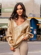 Low-cut V Neck Metallic Color Pullover Women Long Sleeve War