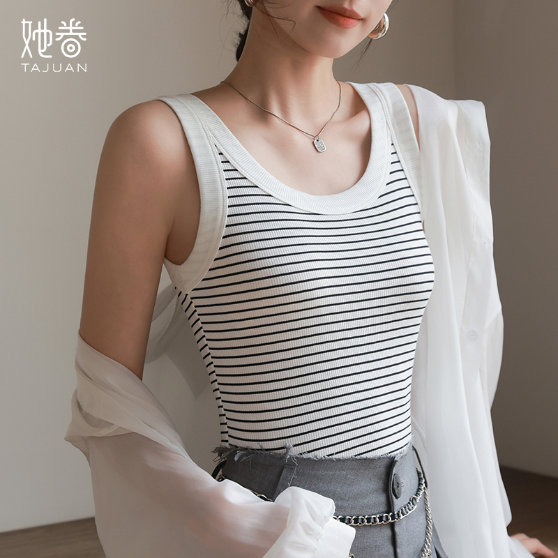 Women's Camisole for Outerwear, Summer Thin Striped Design, Covers Side Breasts, Inner Layer, Elastic, Slim Fit, Breathable, Sleeveless Top