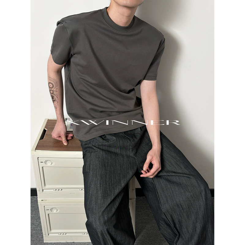 Xwinner Minimalist Slim-Fit Muscle-Enhancing Solona Ribbed Small Neckline Regular Shoulder Round Neck Short-Sleeve T-Shirt