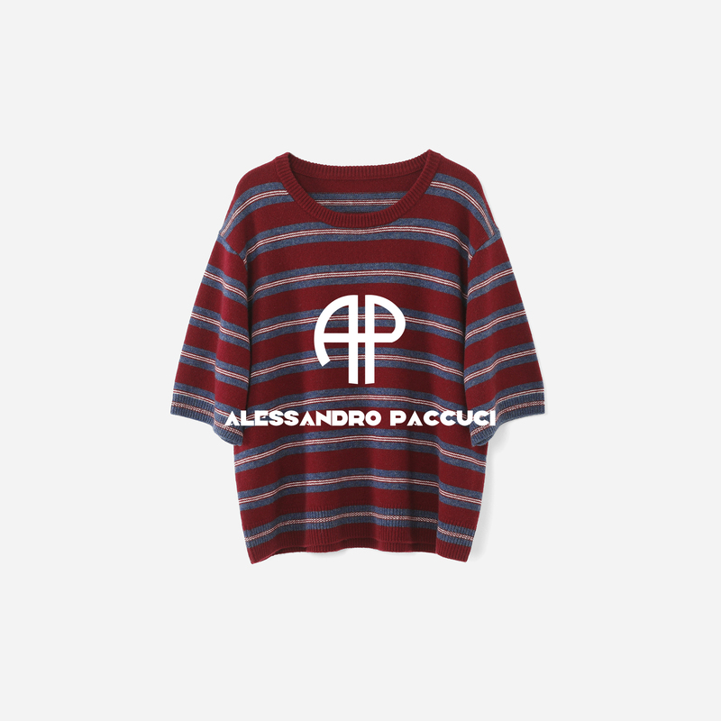 Ap Luo Ge [Red and Blue Weaving Sequence] Goat Wool and Sheep Wool Color-Block Horizontal Striped Versatile Knit Sweater 63172St