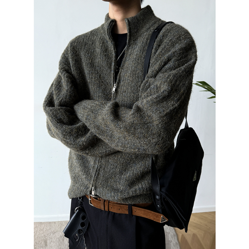 Mancher Modern Open-Close 900g Heavy Wool Blend Double Zipper Cardigan Sweater Men's Thickened Stand Collar Jacket