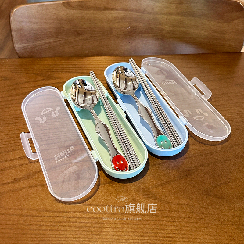 Coottro Cute Children's Tableware|Smiley Face Spoon and Chopsticks|Portable Tableware 1810 Stainless Steel Chopsticks and Spoon Coottro Cute Children's Tableware|Smiley Face Spoon and Chopsticks|Portable Tableware 1810 Stainless Steel Chopsticks and Spoon