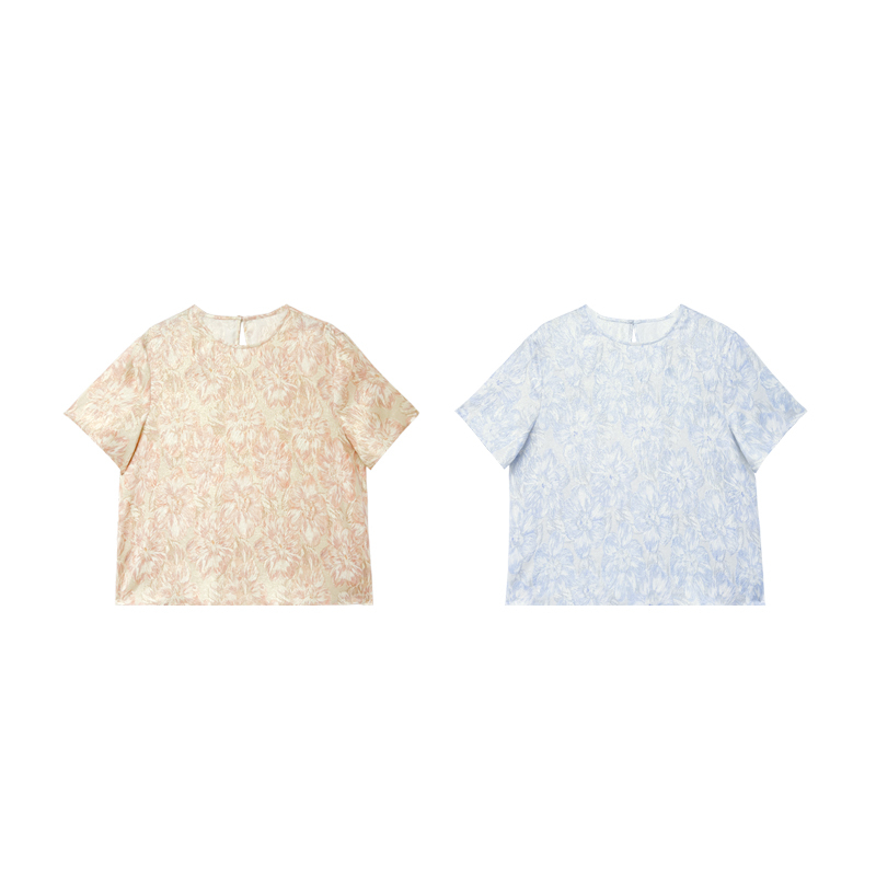 [Chenglu] 623900 Original Chinese-Style Peony Jacquard Gold-Threaded Crepe Mulberry Silk T-Shirt for Women, Spring and Summer
