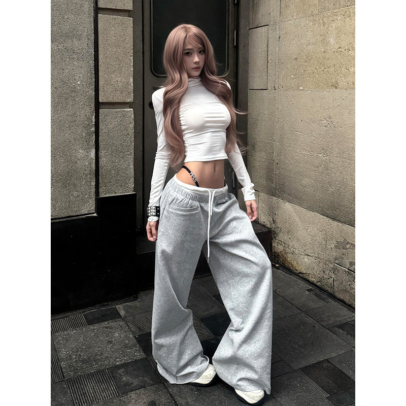Gray Sweatpants for Women, Early Spring New Style, Double Waistband, Straight-Leg Sweatpants, Loose Fit, Bf Style, Lazy Vibe, Wide-Leg Long Pants with a Sense of Design