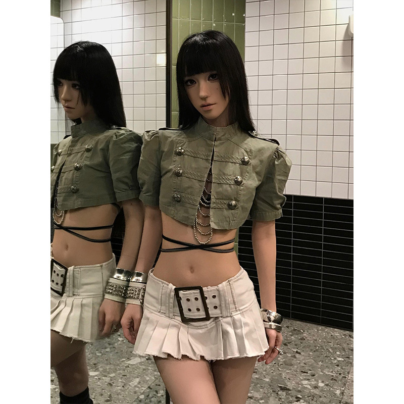 Vintage Double-Breasted Short Jacket for Women, New Summer Style, Heavy-Duty Napoleon Short-Sleeve, Trendy Puff-Sleeve Unique Top Vintage Double-Breasted Short Jacket for Women, New Summer Style, Heavy-Duty Napoleon Short-Sleeve, Trendy Puff-Sleeve Unique Top