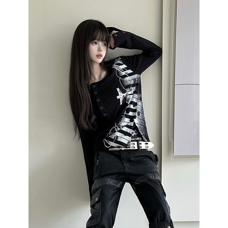 American-Style Street Long-Sleeve T-Shirt for Women, Early Autumn New Model, Piano Key Polka Dot Print, Sun-Protective Cover-Up, Scimitar Collar, Slim-Fit Top