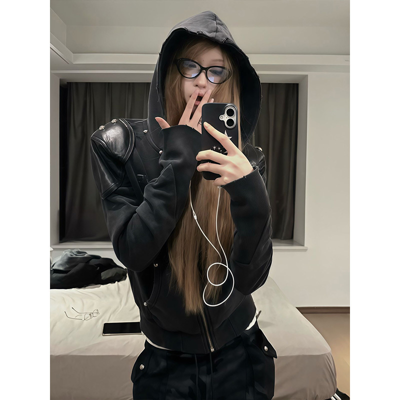 Street Style Hooded Sweatshirt Jacket for Women, Autumn Washed Vintage Heavy Black Cardigan, Visual Style Loose Top, Trendy Street Style Hooded Sweatshirt Jacket for Women, Autumn Washed Vintage Heavy Black Cardigan, Visual Style Loose Top, Trendy