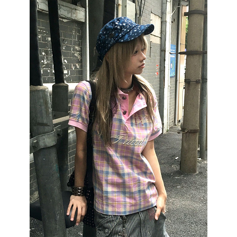 Pink Plaid Short-Sleeved Shirt for Women, Summer Wear, Heavy Embroidery Plaid Shirt, American Retro Polo Collar Top