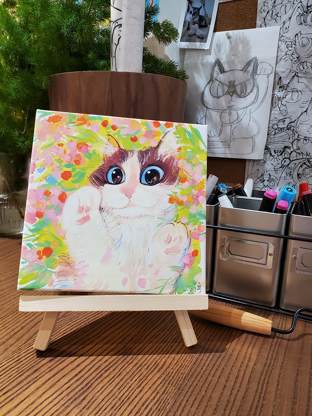 Three-pack of noodle commissary instant noodle cat original mini frameless oil painting decorative painting micro-spray copy painting desktop office