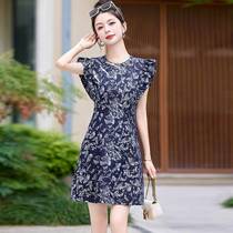 New Chinese retro dress 2024 summer new style small Chinese style age-reducing printed denim improved cheongsam skirt