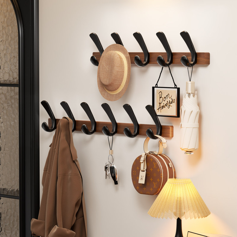 Walnut Wood Bathroom Door Hanger Rack, a Row of Adhesive Hooks for Hanging Clothes and Towels on the Wall Without Drilling