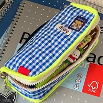Small fresh and sweet INS style blue and white plaid cotton pencil bag large capacity portable zipper stationery box storage pencil bag