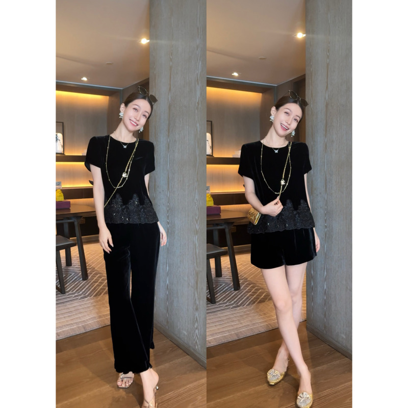 Wang Haha【Star Night Ball】26 Summer New Style 100% Mulberry Silk Velvet Rhinestone Lace Hem Short Sleeve Top