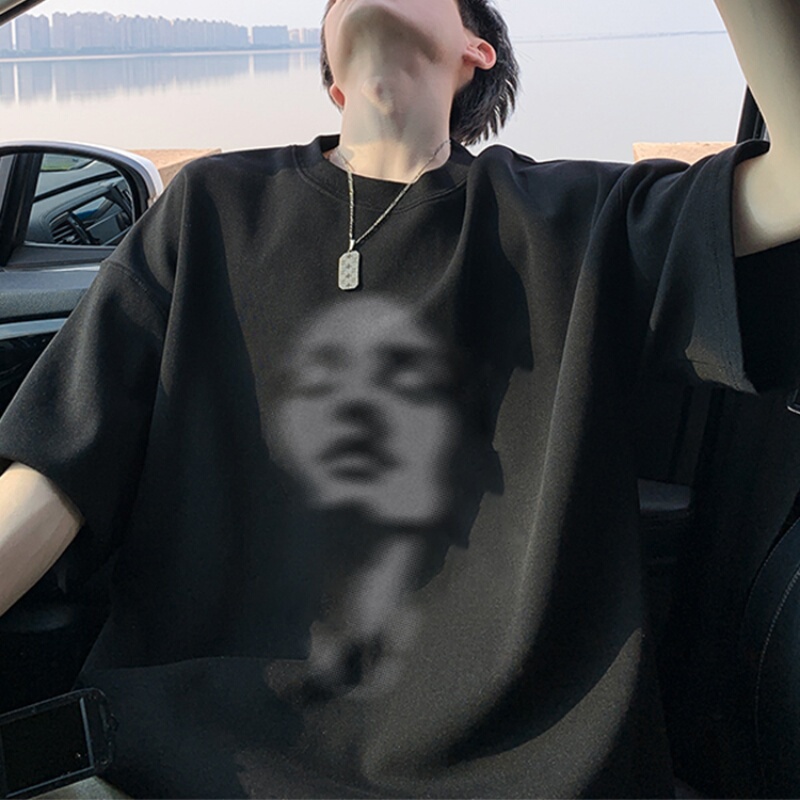 150kg Plus Size Men's Cleanfit Black Heavyweight T-Shirt Men's Trendy Brand Design Portrait Pure Cotton Loose Short Sleeves