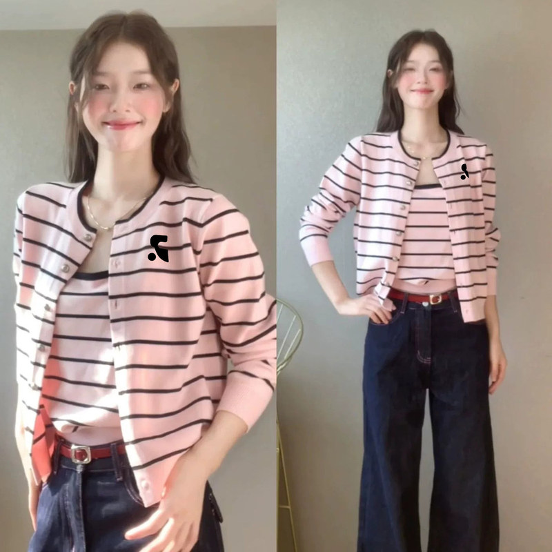 Official Genuine Rr Vephf Sweet Pink Striped Knitted Cardigan with a Camisole Underneath, Two-Piece Set