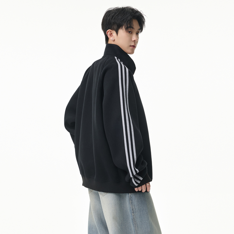 Shapoes Autumn Men's American Style Heavyweight Stand Collar Striped Sweatshirt Jacket Men's Loose Casual Cardigan Coat