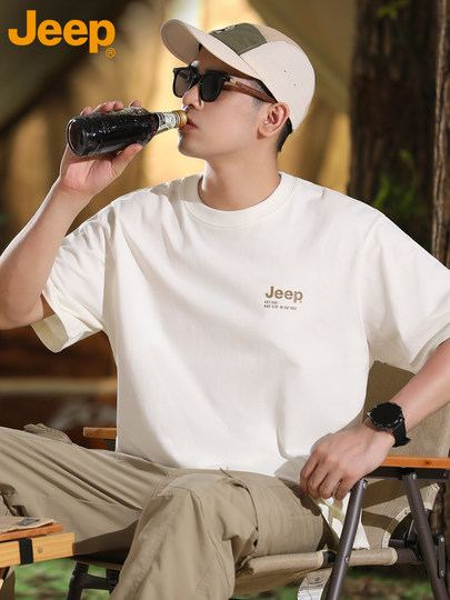 Camiseta blanca JEEP, camisa de fondo de algodón de alta calidad para hombre, top de manga corta pesado con cuello redondo de verano