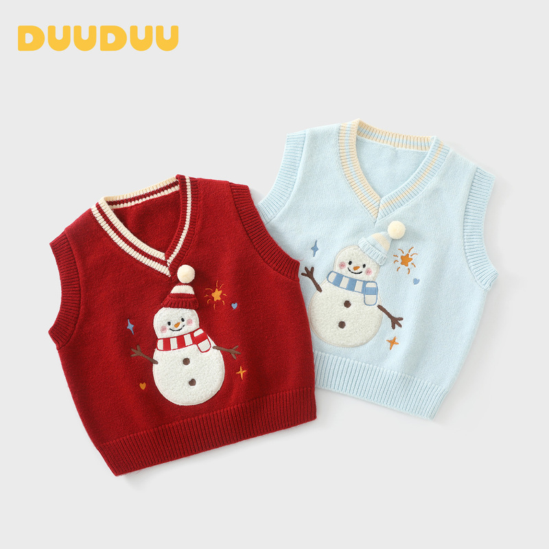 Duuduu Baby Sweater Vest Knitted Small Vest Autumn and Winter Children's Woolen Vest Outer Wear Christmas Sleeveless Top