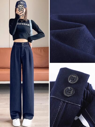 La Chapelle dark blue straight jeans for women autumn and winter 2024 new style plus velvet small high waist denim wide leg pants