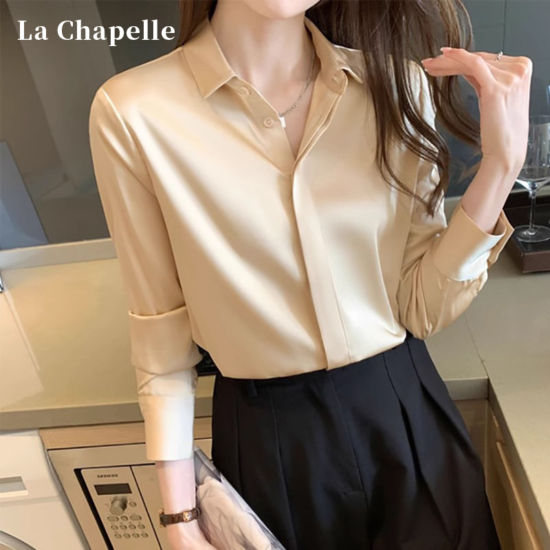 La Chapelle Silk Shirt for Women, 2025 Autumn New French-Style Professional Suit Inner Wear, Satin Solid Color Shirt