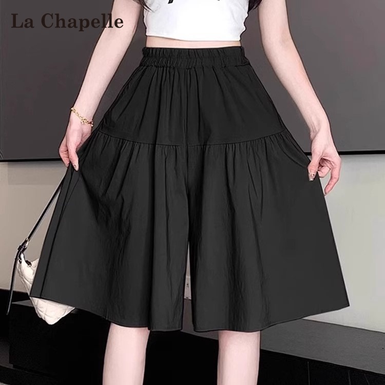 La Chapelle Black Ice Silk Wide-Leg Shorts for Women, Summer Thin High-Waisted Loose Slimming Casual Capri Pants