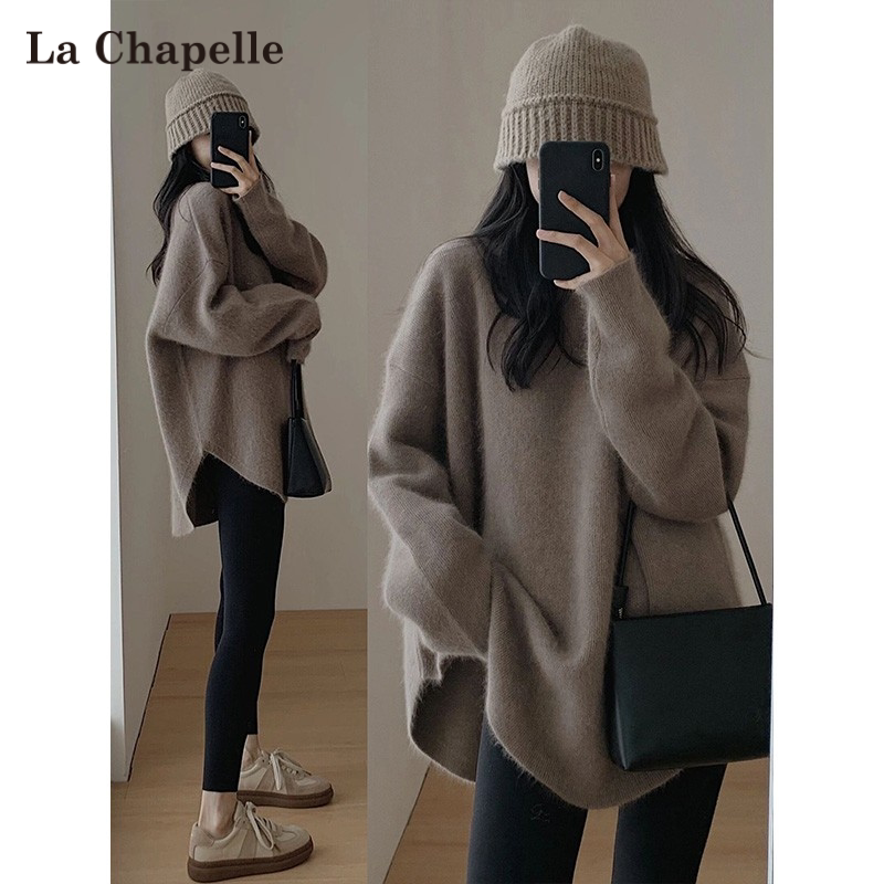 ラ・シャペル レディース ラクーン フリース セーター、秋冬向け厚手、和風デザイン、ゆったりフィット、ミドル丈、スリット入りニットウェア