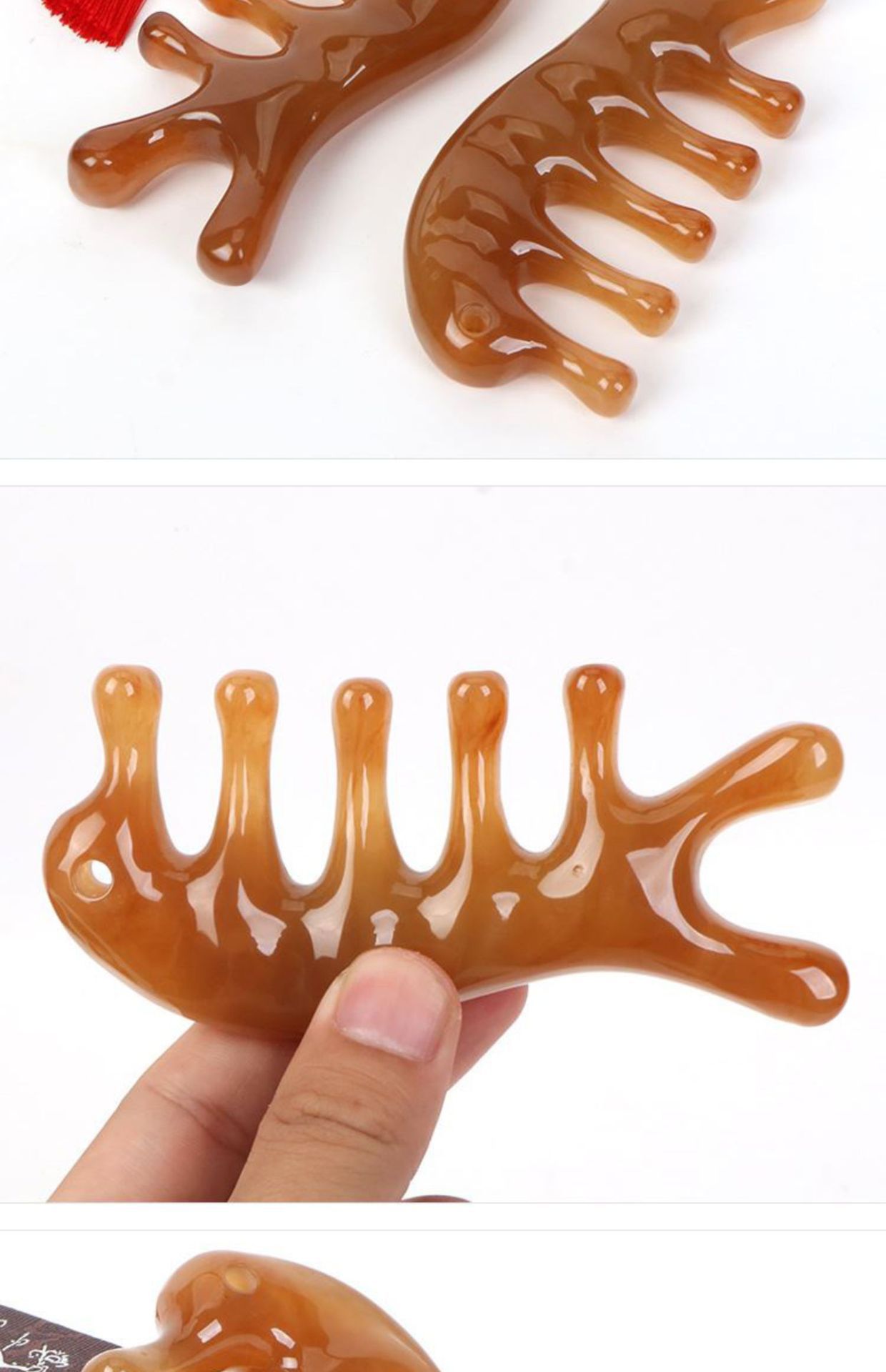 Resin Meridian Comb Five Finger Scalp Massage Comb Dolphin Shaped Gua Sha Style Wellness Tool Set of 3 in use