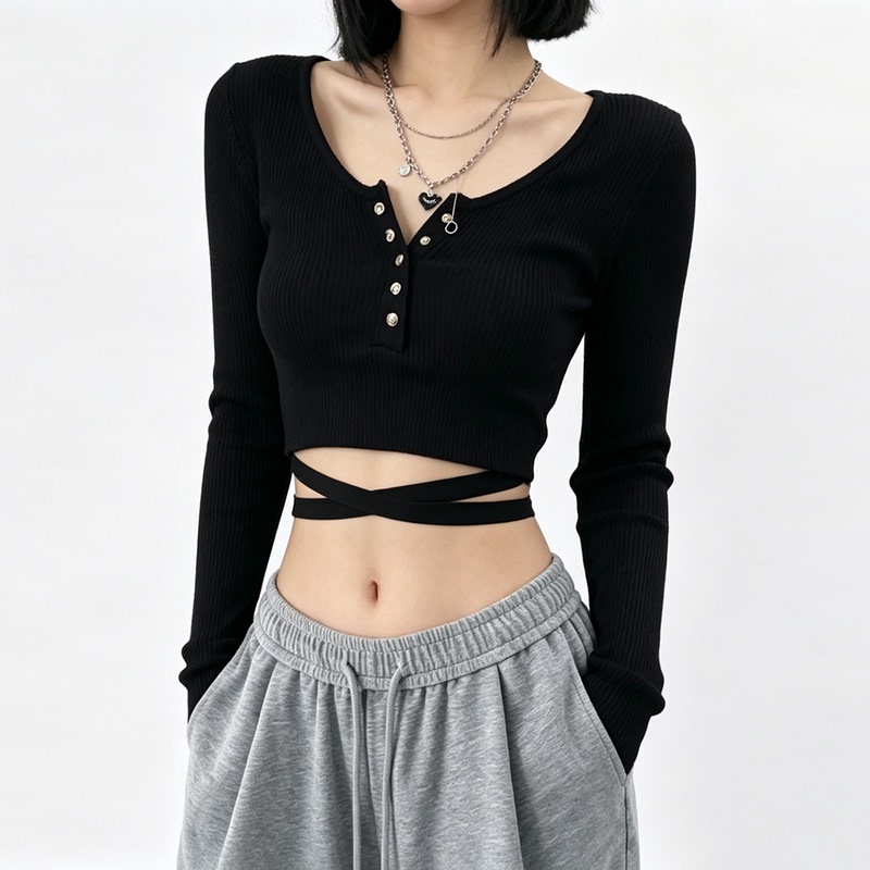 Black Ribbed Half-Button Short Knit Long-Sleeve Top with Criss-Cross Tie at the Waist and Exposed Midriff, Slim-Fitting Jazz Dance Top for Hot Girls