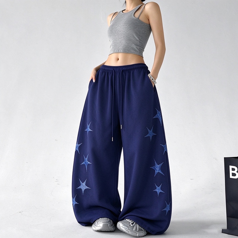 Vintage Deep Blue Star Casual Sweatpants with Sequin Star Pattern, High-Waisted Loose Hip-Covering Jazz Floor-Length Pants Vintage Deep Blue Star Casual Sweatpants with Sequin Star Pattern, High-Waisted Loose Hip-Covering Jazz Floor-Length Pants