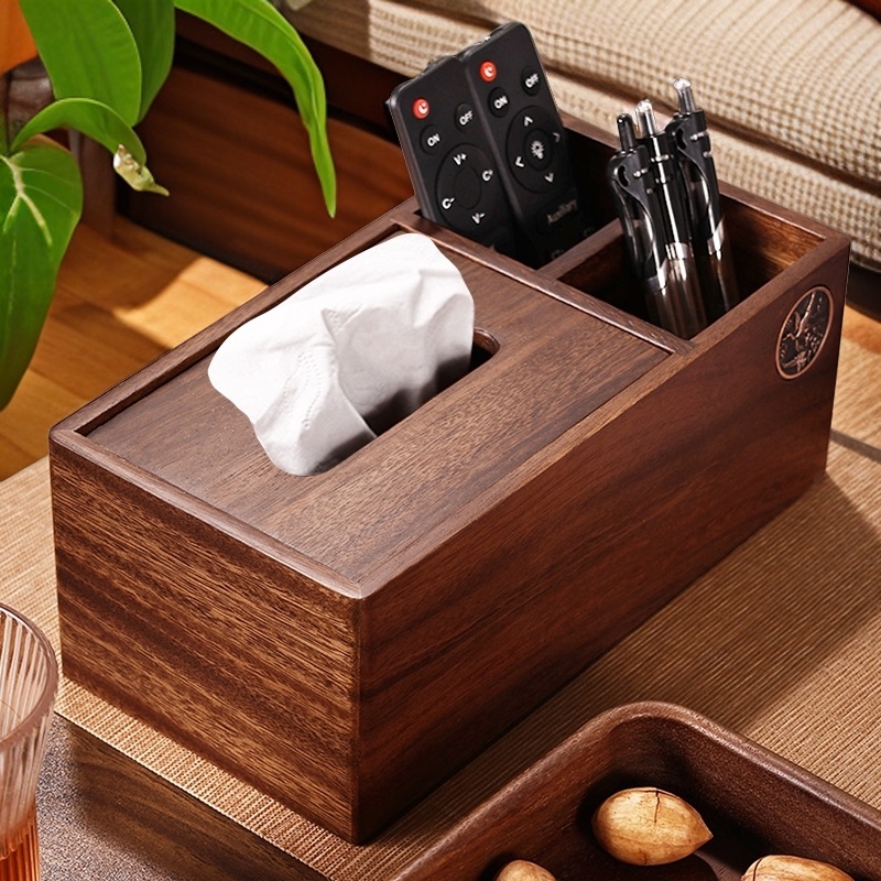 Multifunctional Walnut Tissue Box, Living Room Coffee Table Wooden Remote Control Storage Box, Desktop Solid Wood Tissue Box