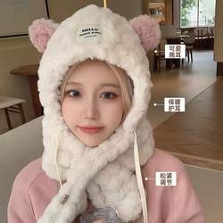 귀여운 플러시 곰 귀 보호 모자 겨울에 여자를위한 귀여운 귀장 모자 두꺼운 벨벳 마스크 스카프 통합 자전