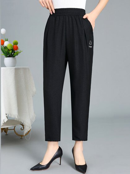 夏季新款洋气中老年女裤宽松大码松紧腰妈妈裤子高腰哈伦裤九分裤