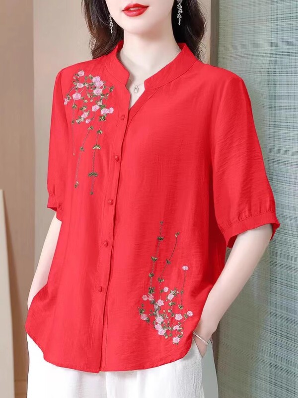 Mom's Summer Clothing Women's Shirt 2024 New Cotton and Linen Middle-Aged and Elderly Women's Stylish Embroidered Shirt Slimming Blouse Mom's Summer Clothing Women's Shirt 2024 New Cotton and Linen Middle-Aged and Elderly Women's Stylish Embroidered Shirt Slimming Blouse