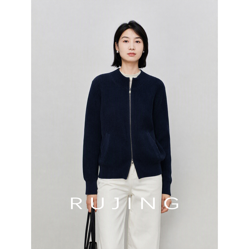 Rujing |   Black Label [Waffle] Stand Collar Cotton Knit Cardigan for Women 2026 Autumn Double Zipper Simple Jacket