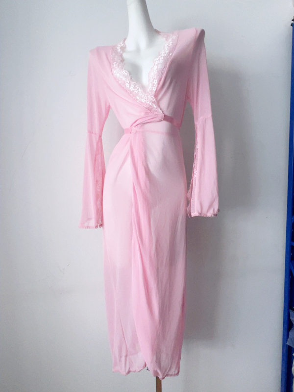Pink Long European and American Style New Fashion Sexy Mesh Embroidered Nightgown