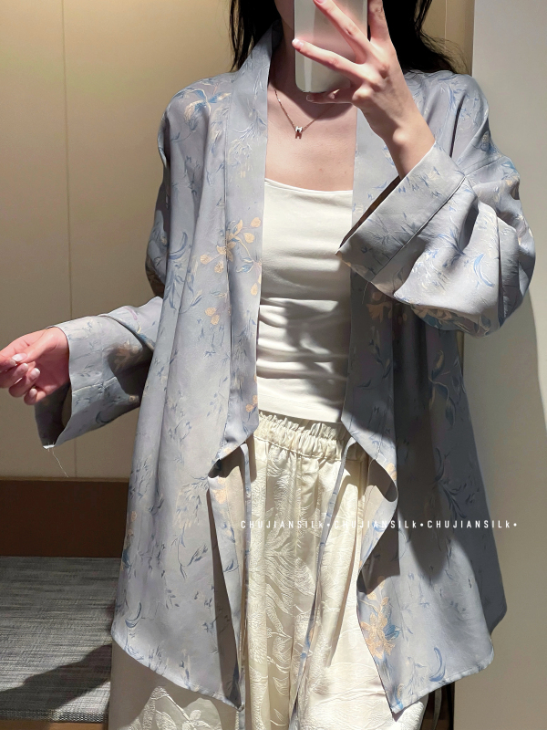Wanshili Blue Albizia Flower 100% Mulberry Silk Hangzhou Brocade Liu Shishi Style Double-Wear Robe Loose New Chinese Style
