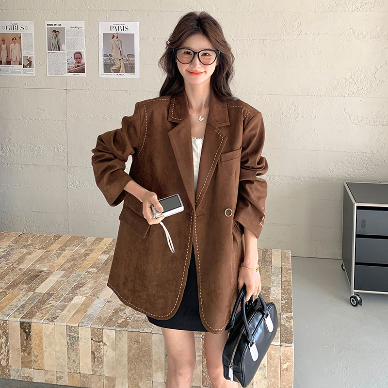 Vintage Suede Blazer for Women, Autumn Loose Fit with Double Breasted Coffee Color Casual Suit