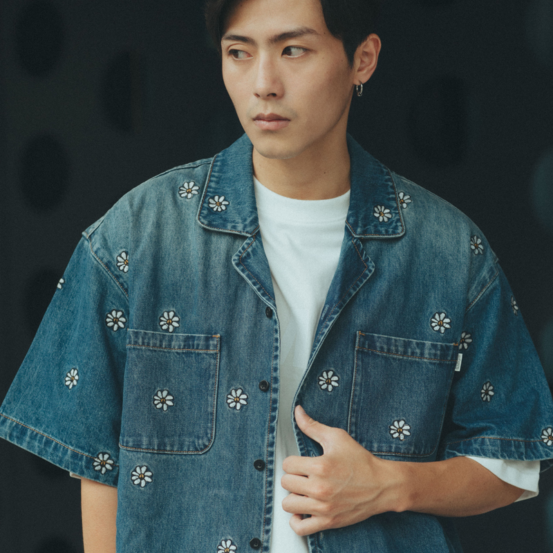 Smg Blue Denim All-Over Embroidered Short-Sleeve Shirt