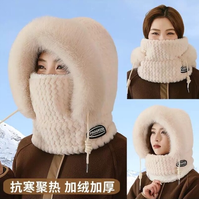 Plush hat scarf all-in-one women's winter hooded neck scarf mask three-piece set cycling Northeast cold-proof pullover hat
