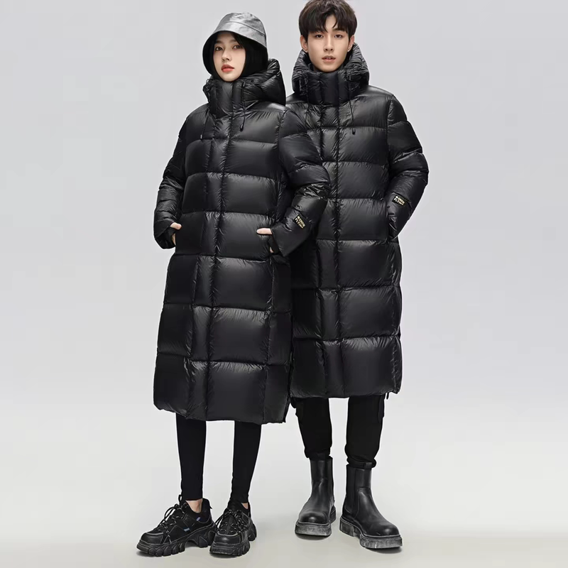 Black down Jacket for Men and Women, Thickened Long Style, New Winter Warm Over-The-Knee Hooded White Goose down Couple's Coat, Trendy