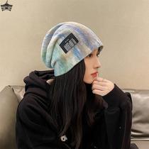 Spring autumn and winter gradient color labeling heap hat female Internet celebrity knitted hat wool confinement scarf Baotou cold hat trendy