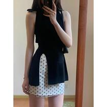 French temperament suit with bow slit vest black top womens summer polka dot skirt short skirt two-piece set