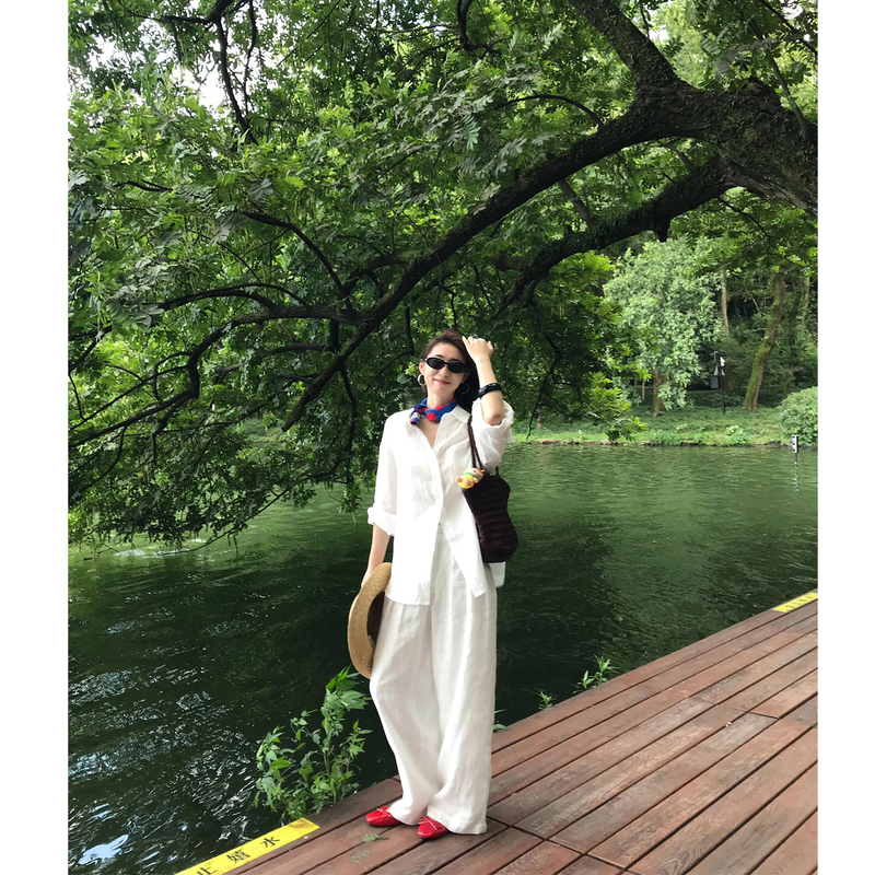 White Cotton and Linen Shirt Set for Women, Summer Young Style, Old Money Style, High-End Outfit, Sun Protection Shirt and Long Pants Two-Piece Set