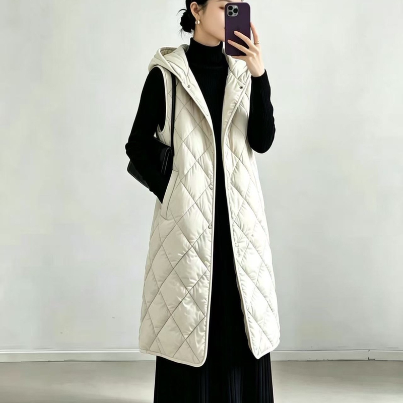 Trendy Women's Lightweight New Style Vest Autumn and Winter Long Coat Mid-Length Vest Hooded Warm Coat