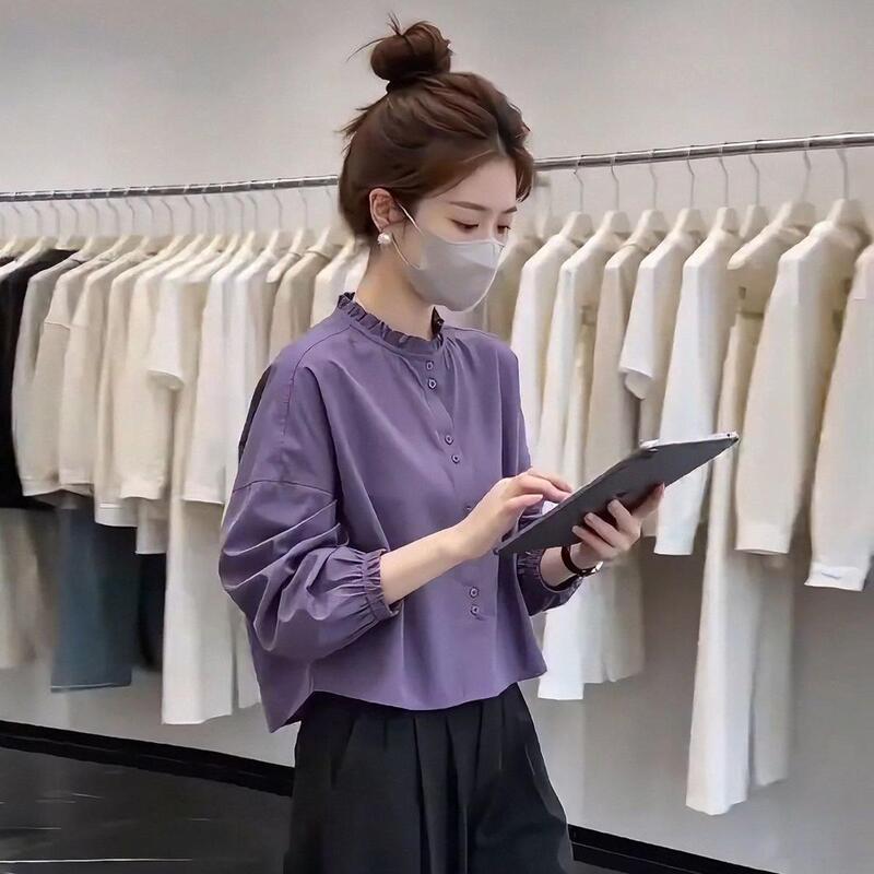 Elegant Ruffled Stand-Up Collar Long-Sleeve Purple Shirt for Women, 2026 Autumn New Stylish Versatile Top