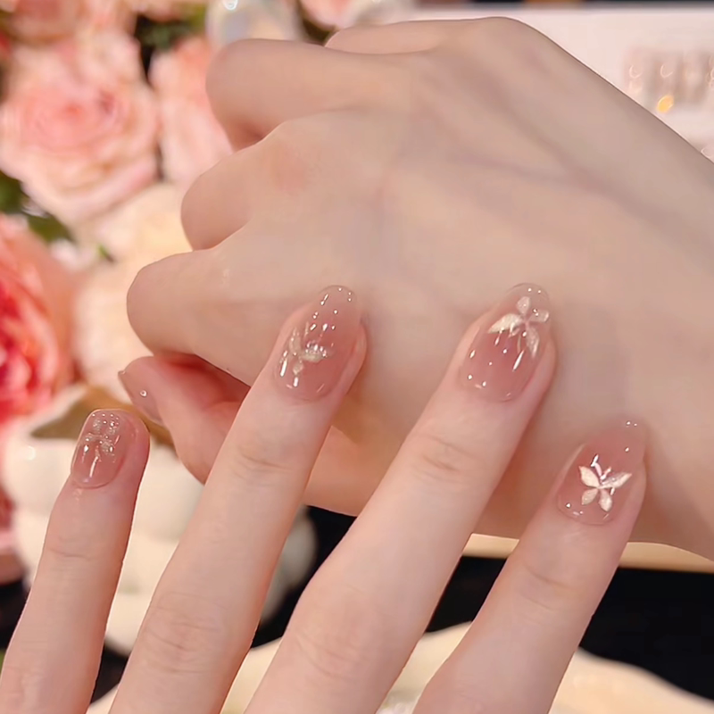 2026 Spring Collection: Gentle Style Nude Pink Gradient Butterfly Shadow Cat Eye Nail Art, High-End Elegant Look, Skin-Brightening, Purely Handmade Wearable Nails