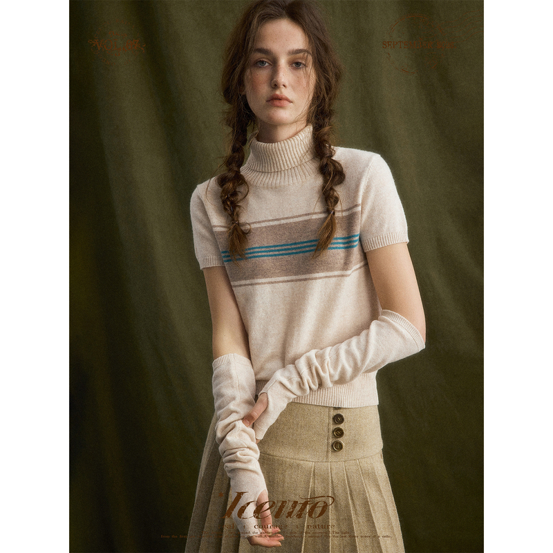 Iceiito*Sansuixi*100 Ultra-Fine Merino Australian Wool Beige Sleeves British Retro Knitted Sweater T-Shirt Iceiito*Sansuixi*100 Ultra-Fine Merino Australian Wool Beige Sleeves British Retro Knitted Sweater T-Shirt