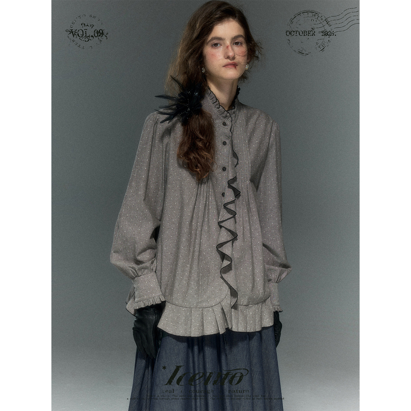 Iceiito*Andropov* Gray Polka Dot Irregular Lace Contrasting Color Stand Collar Spring and Autumn Retro Style Shirt